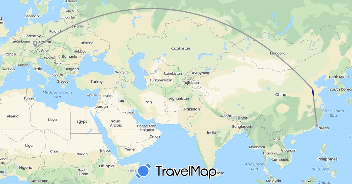 TravelMap itinerary: driving, plane in China, Germany (Asia, Europe)